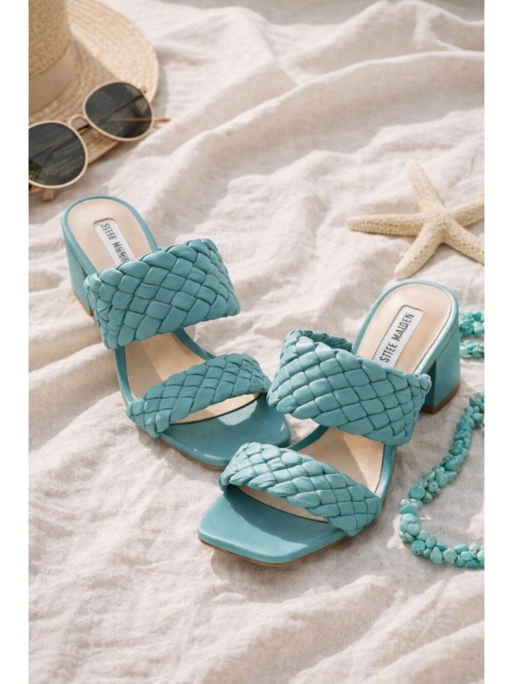 Steve Madden Daphnee Braided Block Heel Sandals Womens Size 7 Teal Slip On Woven